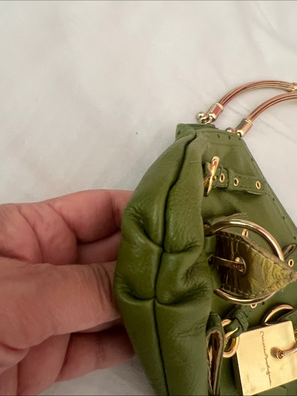 Olive Green Mini Leather Bag with Gold Accents - Picture 7 of 10